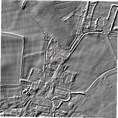 Shaded relief map of the ground around YO88LL, computed from Environment Agency LiDAR. The ground here sits at about 7 m above sea level and falls 5 m across the surrounding 800 m. Surface water reaching this point runs off ground lying to the east, 0.5 m higher.