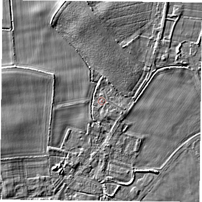 Shaded relief map of the ground around YO88LN, computed from Environment Agency LiDAR. The ground here sits at about 7 m above sea level and falls 4 m across the surrounding 800 m. Surface water reaching this point runs off ground lying to the east-south-east, 0.8 m higher.