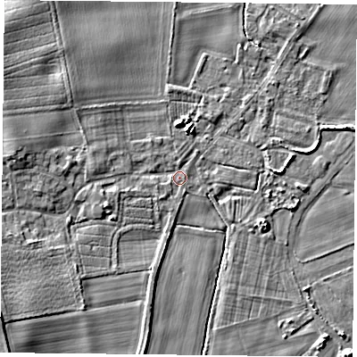 Shaded relief map of the ground around YO88LP, computed from Environment Agency LiDAR. The ground here sits at about 7 m above sea level and falls 6 m across the surrounding 800 m. Surface water reaching this point runs off ground lying to the west, 3.6 m higher.