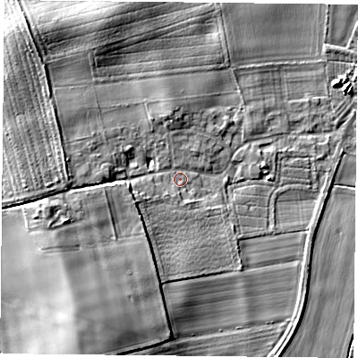 Shaded relief map of the ground around YO88LR, computed from Environment Agency LiDAR. The ground here sits at about 7 m above sea level and falls 8 m across the surrounding 800 m. Surface water reaching this point runs off ground lying to the west-south-west, 6.7 m higher.