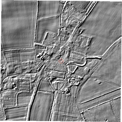 Shaded relief map of the ground around YO88LW, computed from Environment Agency LiDAR. The ground here sits at about 6 m above sea level and falls 5 m across the surrounding 800 m. Surface water reaching this point runs off ground lying to the west, 4.0 m higher.