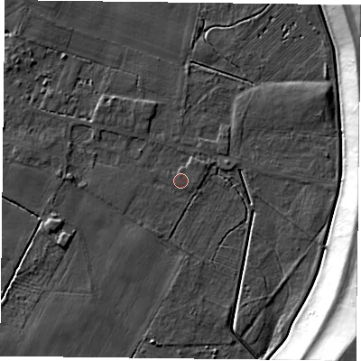 Shaded relief map of the ground around YO88LX, computed from Environment Agency LiDAR. The ground here sits at about 5 m above sea level and falls 25 m across the surrounding 800 m. Surface water reaching this point runs off ground lying to the north-east, 0.9 m higher.