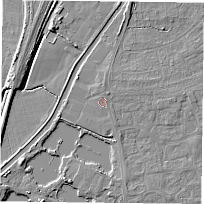 Shaded relief map of the ground around YO88LY, computed from Environment Agency LiDAR. The ground here sits at about 6 m above sea level and falls 7 m across the surrounding 800 m. Surface water reaching this point runs off ground lying to the north-north-east, 0.7 m higher.