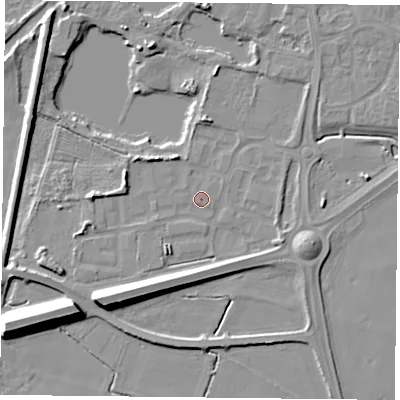 Shaded relief map of the ground around YO88LZ, computed from Environment Agency LiDAR. The ground here sits at about 5 m above sea level and falls 13 m across the surrounding 800 m. Surface water reaching this point runs off ground lying to the south-west, 8.9 m higher.
