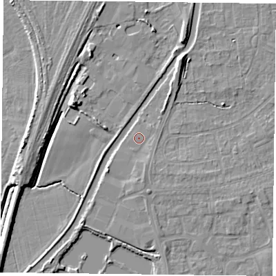 Shaded relief map of the ground around YO88NA, computed from Environment Agency LiDAR. The ground here sits at about 6 m above sea level and falls 7 m across the surrounding 800 m. Surface water reaching this point runs off ground lying to the south, 1.6 m higher.