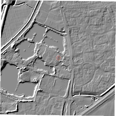 Shaded relief map of the ground around YO88NB, computed from Environment Agency LiDAR. The ground here sits at about 6 m above sea level and falls 7 m across the surrounding 800 m. Surface water reaching this point runs off ground lying to the east, 1.0 m higher.