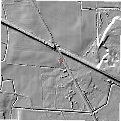 Shaded relief map of the ground around YO88ND, computed from Environment Agency LiDAR. The ground here sits at about 5 m above sea level and falls 11 m across the surrounding 800 m. Surface water reaching this point runs off ground lying to the north-north-west, 7.3 m higher.