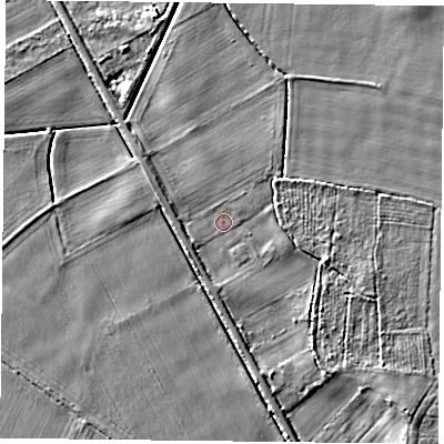 Shaded relief map of the ground around YO88NE, computed from Environment Agency LiDAR. The ground here sits at about 4 m above sea level and falls 4 m across the surrounding 800 m. Surface water reaching this point runs off ground lying to the south-east, 2.4 m higher.