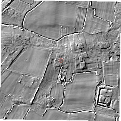 Shaded relief map of the ground around YO88NF, computed from Environment Agency LiDAR. The ground here sits at about 5 m above sea level and falls 5 m across the surrounding 800 m. Surface water reaching this point runs off ground lying to the north-north-west, 1.0 m higher.