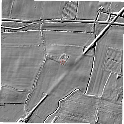 Shaded relief map of the ground around YO88NG, computed from Environment Agency LiDAR. The ground here sits at about 5 m above sea level and falls 4 m across the surrounding 800 m. Surface water reaching this point runs off ground lying to the north-east, 0.8 m higher.