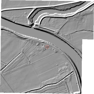 Shaded relief map of the ground around YO88NH, computed from Environment Agency LiDAR. The ground here sits at about 5 m above sea level and falls 10 m across the surrounding 800 m. Surface water reaching this point runs off ground lying to the north, 2.4 m higher.
