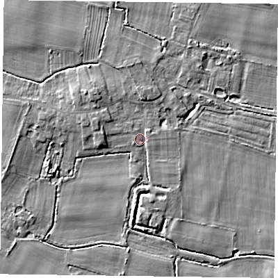 Shaded relief map of the ground around YO88NP, computed from Environment Agency LiDAR. The ground here sits at about 4 m above sea level and falls 5 m across the surrounding 800 m. Surface water reaching this point runs off ground lying to the north-west, 2.7 m higher.