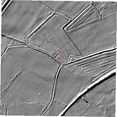 Shaded relief map of the ground around YO88NQ, computed from Environment Agency LiDAR. The ground here sits at about 4 m above sea level and falls 8 m across the surrounding 800 m. Surface water reaching this point runs off ground lying to the west, 1.3 m higher.