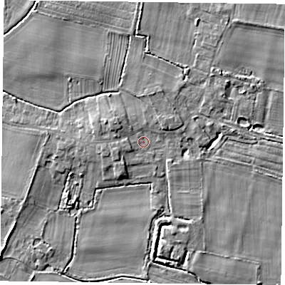 Shaded relief map of the ground around YO88NR, computed from Environment Agency LiDAR. The ground here sits at about 4 m above sea level and falls 5 m across the surrounding 800 m. Surface water reaching this point runs off ground lying to the north-west, 2.2 m higher.