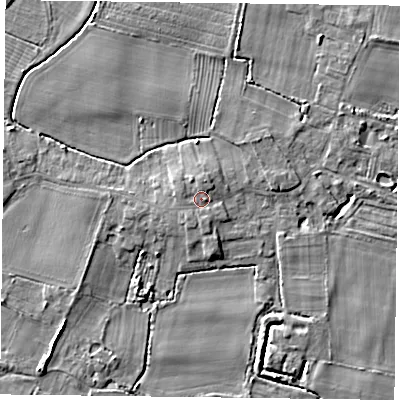 Shaded relief map of the ground around YO88NT, computed from Environment Agency LiDAR. The ground here sits at about 6 m above sea level and falls 5 m across the surrounding 800 m. Surface water reaching this point runs off ground lying to the north, 1.2 m higher.