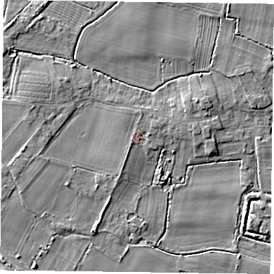 Shaded relief map of the ground around YO88NU, computed from Environment Agency LiDAR. The ground here sits at about 5 m above sea level and falls 6 m across the surrounding 800 m. Surface water reaching this point runs off ground lying to the east-north-east, 1.5 m higher.