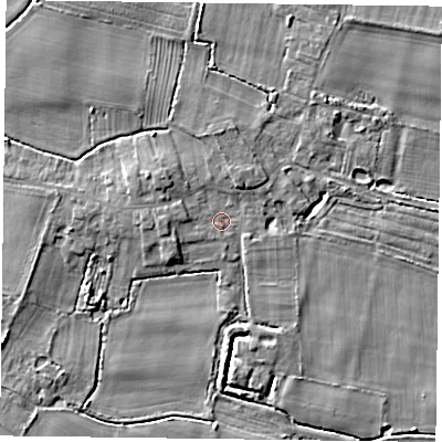 Shaded relief map of the ground around YO88NW, computed from Environment Agency LiDAR. The ground here sits at about 4 m above sea level and falls 6 m across the surrounding 800 m. Surface water reaching this point runs off ground lying to the north-west, 2.4 m higher.