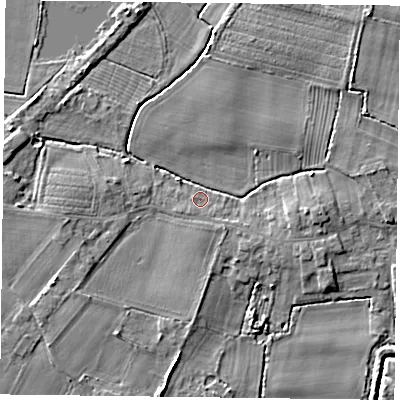 Shaded relief map of the ground around YO88NX, computed from Environment Agency LiDAR. The ground here sits at about 4 m above sea level and falls 5 m across the surrounding 800 m. Surface water reaching this point runs off ground lying to the east, 3.5 m higher.