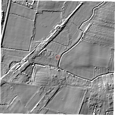 Shaded relief map of the ground around YO88NY, computed from Environment Agency LiDAR. The ground here sits at about 4 m above sea level and falls 4 m across the surrounding 800 m. Surface water reaching this point runs off ground lying to the west-south-west, 3.3 m higher.
