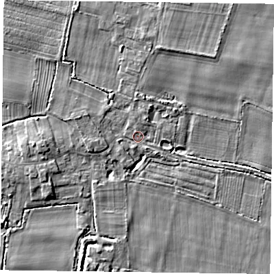Shaded relief map of the ground around YO88NZ, computed from Environment Agency LiDAR. The ground here sits at about 4 m above sea level and falls 4 m across the surrounding 800 m. Surface water reaching this point runs off ground lying to the west-north-west, 1.9 m higher.