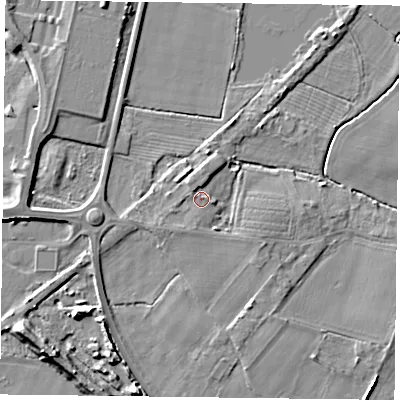 Shaded relief map of the ground around YO88PD, computed from Environment Agency LiDAR. The ground here sits at about 5 m above sea level and falls 8 m across the surrounding 800 m. Surface water reaching this point runs off ground lying to the west-north-west, 1.0 m higher.
