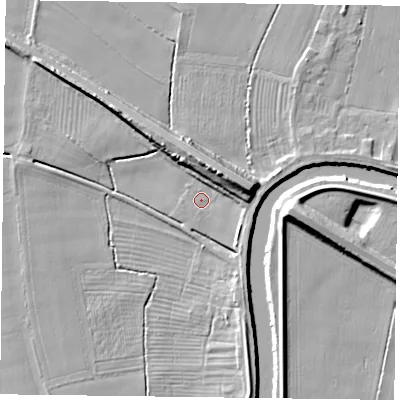 Shaded relief map of the ground around YO88PG, computed from Environment Agency LiDAR. The ground here sits at about 3 m above sea level and falls 12 m across the surrounding 800 m. Surface water reaching this point runs off ground lying to the east-north-east, 9.6 m higher.