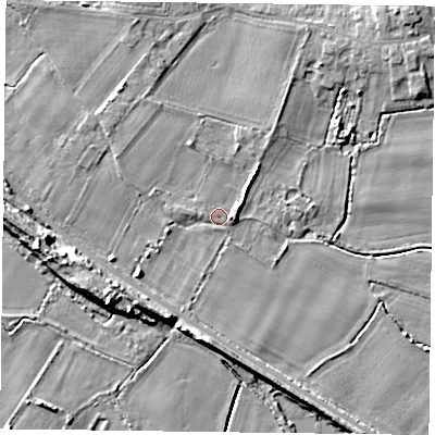 Shaded relief map of the ground around YO88PL, computed from Environment Agency LiDAR. The ground here sits at about 5 m above sea level and falls 8 m across the surrounding 800 m. Surface water reaching this point runs off ground lying to the east, 2.4 m higher.