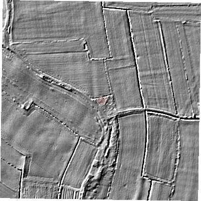 Shaded relief map of the ground around YO88PR, computed from Environment Agency LiDAR. The ground here sits at about 4 m above sea level and falls 4 m across the surrounding 800 m. Surface water reaching this point runs off ground lying to the west, 1.0 m higher.