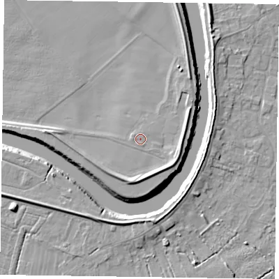 Shaded relief map of the ground around YO88PT, computed from Environment Agency LiDAR. The ground here sits at about 4 m above sea level and falls 7 m across the surrounding 800 m. Surface water reaching this point runs off ground lying to the east, 3.0 m higher.