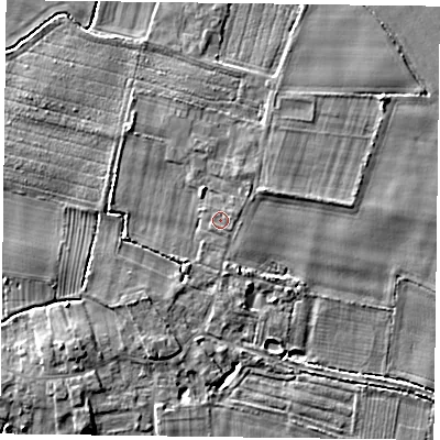 Shaded relief map of the ground around YO88PU, computed from Environment Agency LiDAR. The ground here sits at about 5 m above sea level and falls 4 m across the surrounding 800 m. Surface water reaching this point runs off ground lying to the east-north-east, 0.5 m higher.