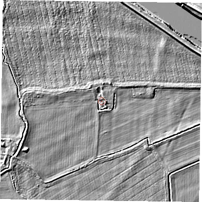 Shaded relief map of the ground around YO88PW, computed from Environment Agency LiDAR. The ground here sits at about 4 m above sea level and falls 6 m across the surrounding 800 m. Surface water reaching this point runs off ground lying to the east-south-east, 1.9 m higher.