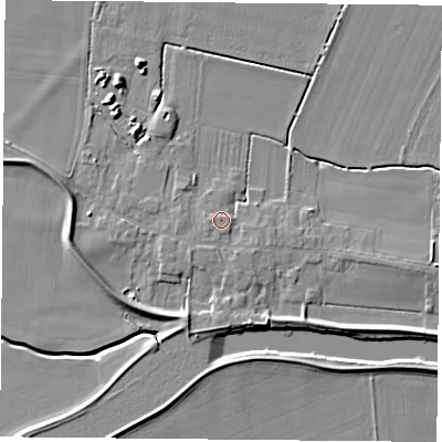 Shaded relief map of the ground around YO88PY, computed from Environment Agency LiDAR. The ground here sits at about 8 m above sea level and falls 6 m across the surrounding 800 m. Surface water reaching this point runs off ground lying to the south-south-east, 1.8 m higher.