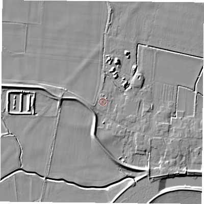 Shaded relief map of the ground around YO88PZ, computed from Environment Agency LiDAR. The ground here sits at about 7 m above sea level and falls 6 m across the surrounding 800 m. Surface water reaching this point runs off ground lying to the south-south-east, 4.2 m higher.