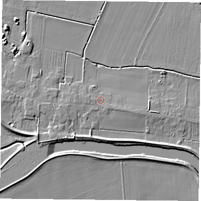 Shaded relief map of the ground around YO88QB, computed from Environment Agency LiDAR. The ground here sits at about 8 m above sea level and falls 6 m across the surrounding 800 m. Surface water reaching this point runs off ground lying to the south-east, 0.8 m higher.