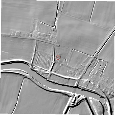 Shaded relief map of the ground around YO88QD, computed from Environment Agency LiDAR. The ground here sits at about 7 m above sea level and falls 7 m across the surrounding 800 m. Surface water reaching this point runs off ground lying to the south-south-east, 3.4 m higher.