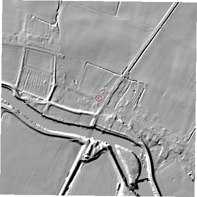 Shaded relief map of the ground around YO88QE, computed from Environment Agency LiDAR. The ground here sits at about 7 m above sea level and falls 9 m across the surrounding 800 m. Surface water reaching this point runs off ground lying to the west-south-west, 3.4 m higher.