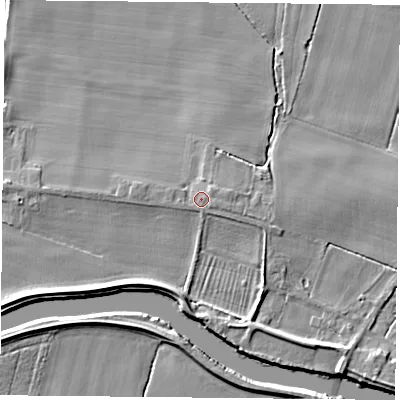 Shaded relief map of the ground around YO88QF, computed from Environment Agency LiDAR. The ground here sits at about 8 m above sea level and falls 5 m across the surrounding 800 m. Surface water reaching this point runs off ground lying to the east-north-east, 0.7 m higher.
