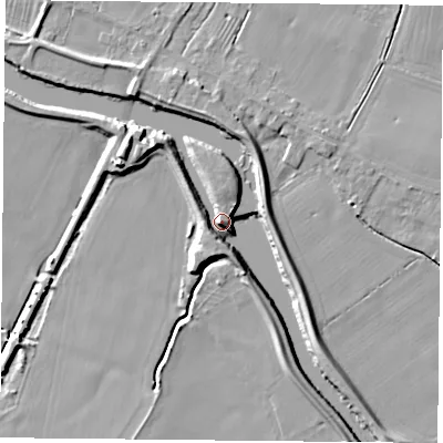 Shaded relief map of the ground around YO88QG, computed from Environment Agency LiDAR. The ground here sits at about 8 m above sea level and falls 9 m across the surrounding 800 m. Surface water reaching this point runs off ground lying to the north-west, 7.8 m higher.