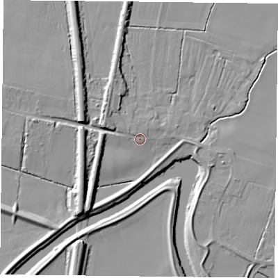 Shaded relief map of the ground around YO88QN, computed from Environment Agency LiDAR. The ground here sits at about 7 m above sea level and falls 9 m across the surrounding 800 m. Surface water reaching this point runs off ground lying to the south-west, 6.8 m higher.
