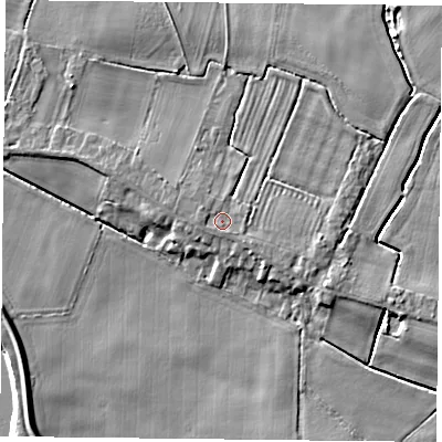 Shaded relief map of the ground around YO88QT, computed from Environment Agency LiDAR. The ground here sits at about 6 m above sea level and falls 5 m across the surrounding 800 m. Surface water reaching this point runs off ground lying to the west-north-west, 0.7 m higher.