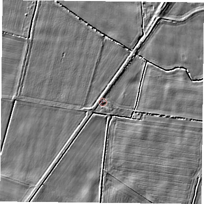 Shaded relief map of the ground around YO88QU, computed from Environment Agency LiDAR. The ground here sits at about 6 m above sea level and falls 3 m across the surrounding 800 m. Surface water reaching this point runs off ground lying to the south, 0.8 m higher.