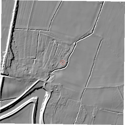 Shaded relief map of the ground around YO88QW, computed from Environment Agency LiDAR. The ground here sits at about 5 m above sea level and falls 8 m across the surrounding 800 m. Surface water reaching this point runs off ground lying to the west-south-west, 1.6 m higher.