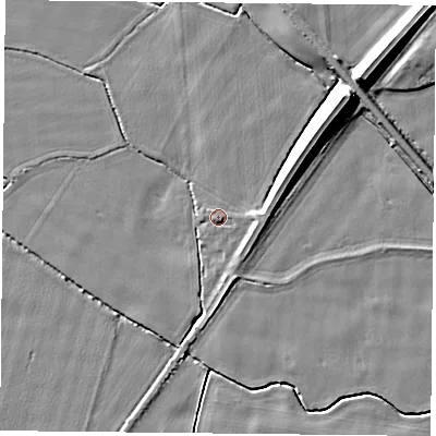 Shaded relief map of the ground around YO88QX, computed from Environment Agency LiDAR. The ground here sits at about 7 m above sea level and falls 11 m across the surrounding 800 m. Surface water reaching this point runs off ground lying to the east-south-east, 0.9 m higher.