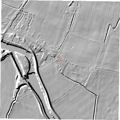 Shaded relief map of the ground around YO88QY, computed from Environment Agency LiDAR. The ground here sits at about 7 m above sea level and falls 8 m across the surrounding 800 m. Surface water reaching this point runs off ground lying to the east-north-east, 1.1 m higher.