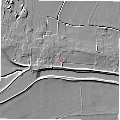 Shaded relief map of the ground around YO88QZ, computed from Environment Agency LiDAR. The ground here sits at about 7 m above sea level and falls 6 m across the surrounding 800 m. Surface water reaching this point runs off ground lying to the west-south-west, 2.9 m higher.