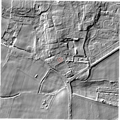 Shaded relief map of the ground around YO88RD, computed from Environment Agency LiDAR. The ground here sits at about 6 m above sea level and falls 5 m across the surrounding 800 m. Surface water reaching this point runs off ground lying to the west, 0.8 m higher.