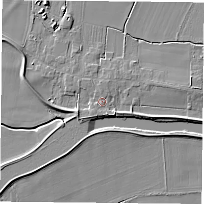 Shaded relief map of the ground around YO88RE, computed from Environment Agency LiDAR. The ground here sits at about 8 m above sea level and falls 6 m across the surrounding 800 m. Surface water reaching this point runs off ground lying to the south, 1.9 m higher.