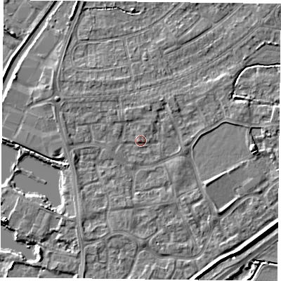 Shaded relief map of the ground around YO88RG, computed from Environment Agency LiDAR. The ground here sits at about 7 m above sea level and falls 5 m across the surrounding 800 m. Surface water reaching this point runs off ground lying to the west-north-west, 2.2 m higher.