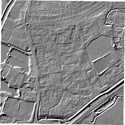 Shaded relief map of the ground around YO88RH, computed from Environment Agency LiDAR. The ground here sits at about 6 m above sea level and falls 5 m across the surrounding 800 m. Surface water reaching this point runs off ground lying to the south-south-west, 0.8 m higher.