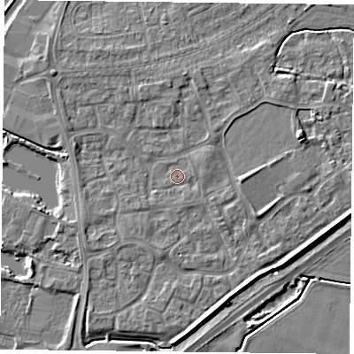 Shaded relief map of the ground around YO88RJ, computed from Environment Agency LiDAR. The ground here sits at about 6 m above sea level and falls 5 m across the surrounding 800 m. Surface water reaching this point runs off ground lying to the north-west, 2.2 m higher.